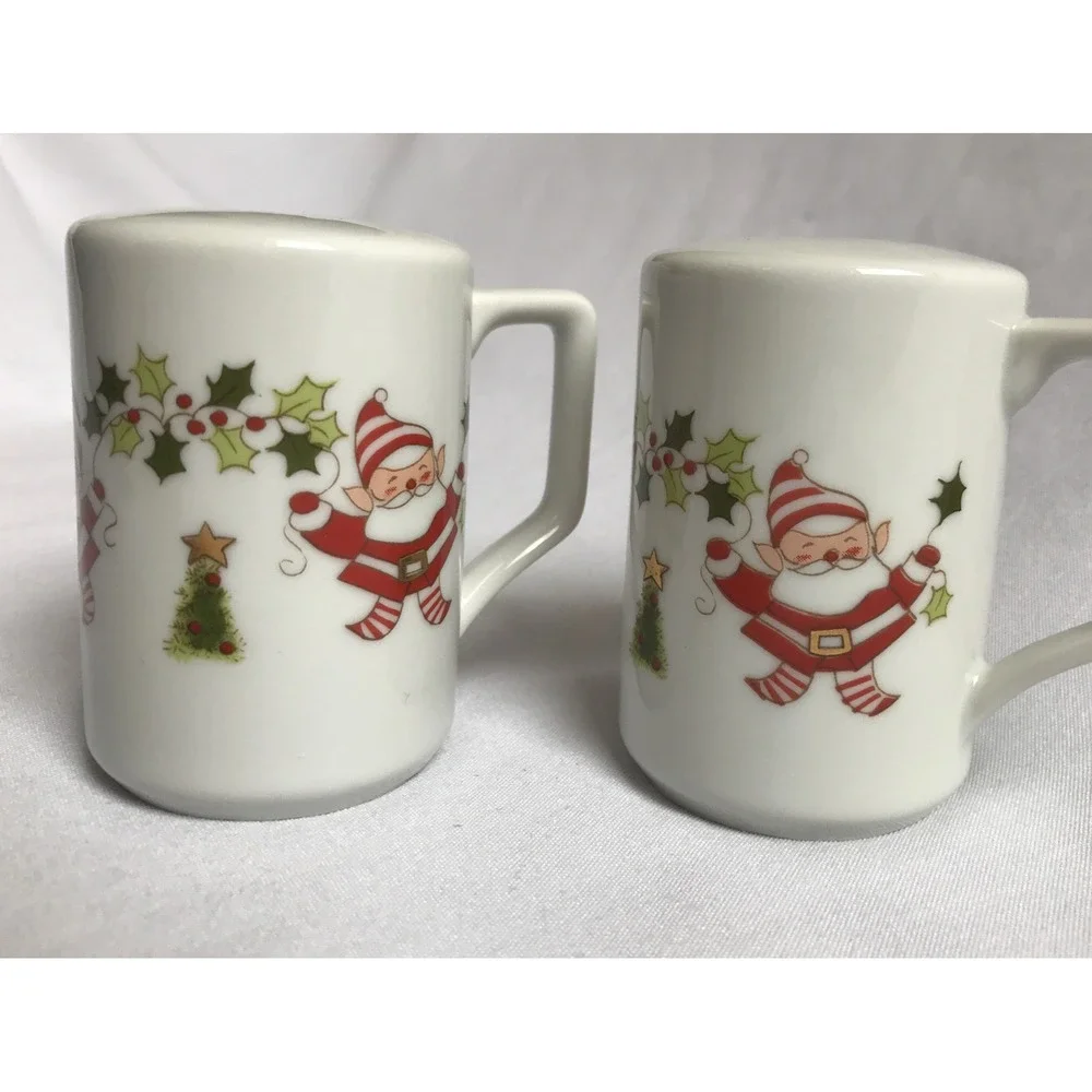 Santa Elf Salt and Pepper Shakers Japan MCM with handles Porcelain Christmas EUC